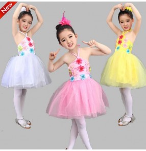 White pink yellow tulle halter  neck girls kids child children toddlers kindergarten stage performance modern dance jazz dance dresses outfits